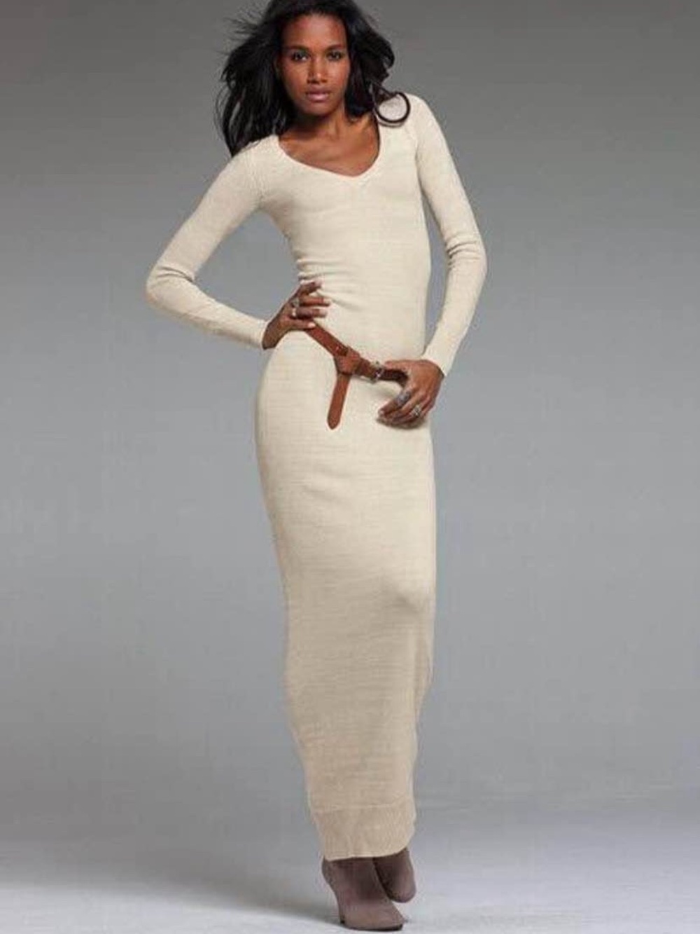 Moda International Cream Long Sleeve Ribbed Maxi Dress
